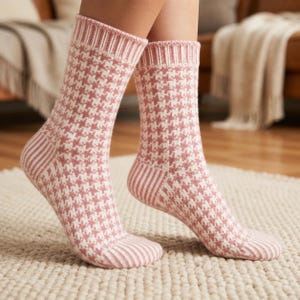 May include: A pair of mid-calf socks featuring a pink and white houndstooth pattern. The socks have a ribbed knit cuff at the top, a reinforced ribbed heel section, and a ribbed toe area, all rendered in a consistent pink and white color scheme.