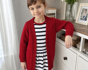 Patrón de cárdigan para niñas / Cárdigan con cuello en V para niños / Chaqueta de punto con paneles de encaje / Patrón de cárdigan para niños en PDF / Prendas de punto hechas a mano