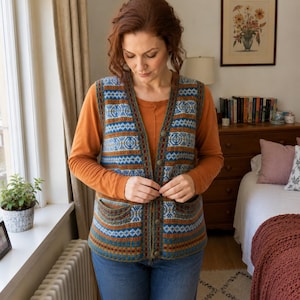 May include: A sleeveless knit waistcoat featuring a multi-coloured Fair Isle pattern in shades of blue, orange, and brown. The waistcoat has a V-neckline, a front button closure with four buttons, and two front patch pockets, worn over a long-sleeve orange shirt.