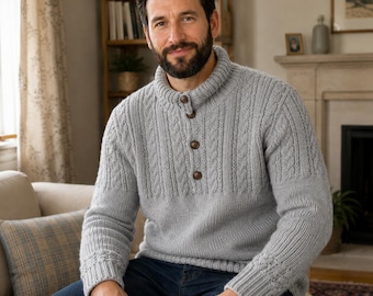 Patrón de jersey Henley de punto trenzado para hombre / Patrón de jersey de punto con cuello abotonado / Patrón de punto trenzado grueso en PDF / Patrón de prendas de punto para hombre