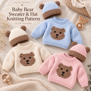 May include: A digital product knitting pattern for a baby bear sweater and hat, sized 0-24 months. The image displays three knitted jumpers in light blue, cream, and pink, each featuring a brown bear face, paired with matching bear-ear hats.