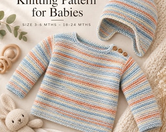 May include: A digital product knitting pattern for babies in sizes 3-6 months and 18-24 months. The image displays a long-sleeved jumper and a matching earflap hat, both featuring a multi-coloured striped pattern in blue, orange, and cream.