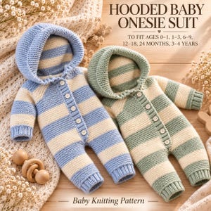 Puede incluir: Dos monos de punto con capucha para bebé con rayas horizontales, uno en azul y blanco y otro en verde salvia y blanco. Cada uno cuenta con cierre de botones frontal, mangas largas y puños acanalados. Texto: HOODED BABY ONESIE SUIT TO FIT AGES 0-1, 1-3, 6-9, 12-18, 24 MONTHS, 3-4 YEARS Baby Knitting Pattern.