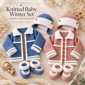 Puede incluir: Un producto digital que muestra un conjunto de invierno tejido para bebé con chaquetas, gorros y patucos en azul y rosa empolvado. Cada conjunto tiene bordes blancos, botones marrones y un patrón de punto. Texto: DIGITAL PRODUCT Knitted Baby Winter Set Jacket, Hat & Booties SIZE 0 months – 5 years.