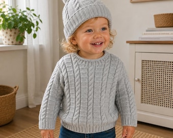 Patrón de jersey de cuello alto / Patrón de suéter y gorro de punto trenzado para niños en PDF / Jersey para bebé, niño pequeño y niño pequeño / Patrón de prendas de punto trenzado