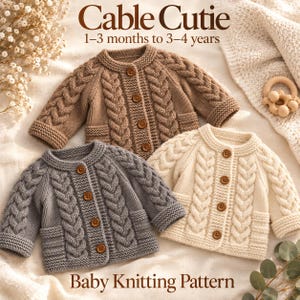 May include: Three knitted baby cardigans in brown, grey, and cream, each featuring a cable knit pattern, long sleeves, and four brown buttons. The text Cable Cutie 1-3 months to 3-4 years Baby Knitting Pattern is displayed in brown lettering.