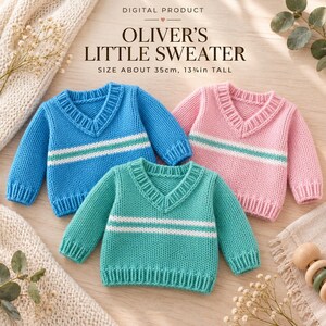 May include: Three knitted V-neck jumpers in blue, pink, and teal, each featuring a white and teal horizontal stripe across the chest. The text reads DIGITAL PRODUCT OLIVER'S LITTLE SWEATER SIZE ABOUT 35cm, 13 3/4in TALL. The jumpers have ribbed cuffs and necklines.