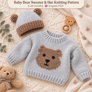 May include: A light blue knitted sweater and matching hat with brown bear-themed details. The sweater features a large brown bear face on the front. The hat has two small brown pom-poms. Text reads: Baby Bear Sweater & Hat Knitting Pattern 0-24 months, English PDF.