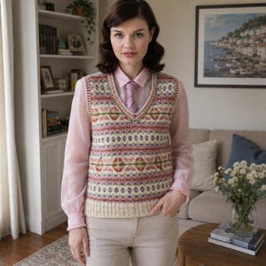 May include: A sleeveless knit sweater vest featuring a multi-coloured Fair Isle pattern in shades of pink, green, yellow, and cream. The vest has a V-neckline and a ribbed hem, worn over a light pink long-sleeved button-down shirt with a striped tie.