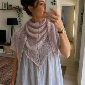 May include: A light pink triangular shawl featuring a delicate, openwork lace knit pattern with a central spine detail. The shawl is draped over the shoulders and is made of a fine, semi-sheer yarn with a soft, fuzzy texture throughout the fabric.