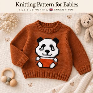 May include: A rust-colored long-sleeve knit sweater for babies featuring a central panda graphic in white, black, and orange. The text at the top reads Knitting Pattern for Babies, Size 6-36 Months, English PDF.