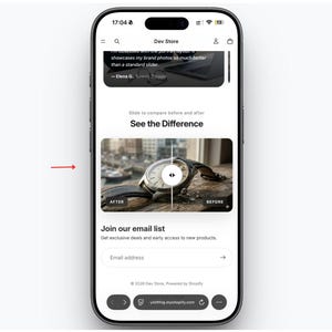 Op de afbeelding: Een smartphone scherm toont een mobiele e-commerce winkel interface. Het scherm toont een horloge met een leren band, met de tekst "See the Difference" en "Join our email list". De bovenkant van het scherm toont de tekst "Dev Store".