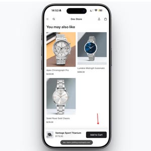Op de afbeelding: Een smartphonescherm toont een e-commerce app met vier horloges. De horloges zijn onder andere een zilveren Apex Chronograph Pro, een blauwgekleurde Lumière Midnight Automatic, een Soleil Rose Gold Classic en een Vantage Sport Titanium. Een "Toevoegen aan winkelwagen" knop is zichtbaar.