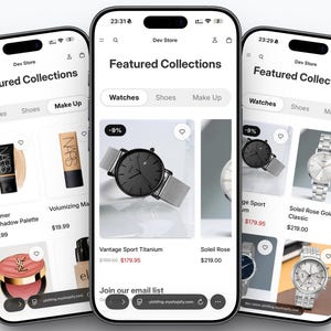 Peut inclure: Trois smartphones affichant une interface d'application e-commerce. L'application présente des collections de montres, chaussures et maquillage. La section montres affiche des garde-temps, dont une montre Vantage Sport Titanium noire et une montre Soleil Rose Gold Classic.