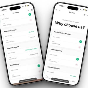 May include: Two smartphones displaying a comparison of features, including estimated lifespan and customer support. The screens show the text "Why choose us?" and "Dev Store". The background is white.