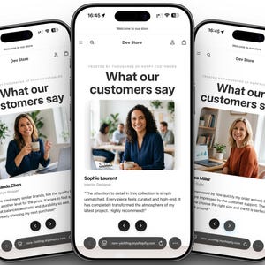 Puede incluir: Tres smartphones muestran un sitio web con testimonios de clientes. El sitio muestra "Lo que dicen nuestros clientes" e incluye fotos de mujeres sonrientes con citas. El nombre de dominio del sitio web es visible en la parte inferior.