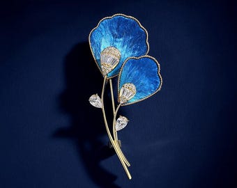 Blue Magnolia Flower Brooch Pin, Embroidered Floral Brooch, Statement Flower Brooch, Gold Tone Botanical Jewelry, Elegant Gift for Women