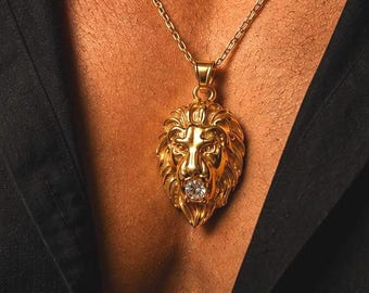 Regalo del Día del Padre para papá, collar con cabeza de león para hombre, colgante de león de oro, cadena rellena de oro de 18 quilates, regalo para él, regalo para esposo o hijo.