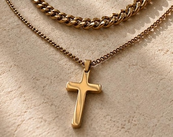 Collar con cruz de oro laminado de 18 quilates, regalo del Día del Padre para papá, colgante cristiano para hombres, joyería impermeable, regalo para esposo o hijo.