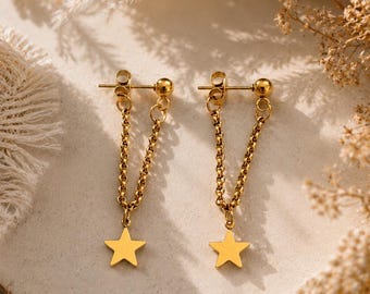 Pendientes de cadena de estrella dorada, delicados pendientes colgantes de oro, pendientes de estrella minimalistas, pendientes colgantes de oro, regalo para mujeres,
