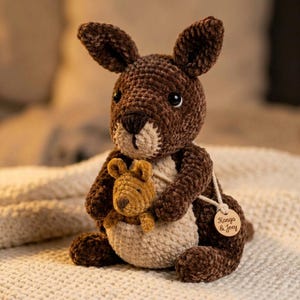 May include: A dark brown crocheted kangaroo plush toy with a cream-coloured belly and snout. A smaller, light brown crocheted joey sits in the kangaroo's pouch. A round wooden tag attached to the side is engraved with the text Kanga & Joey.