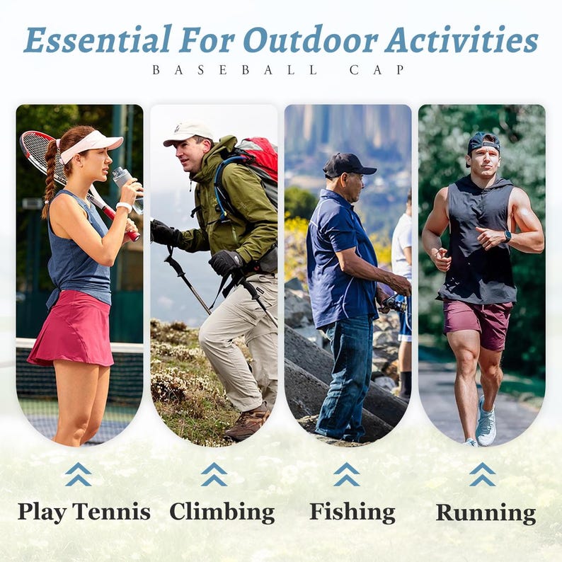 May include: A collage featuring four panels showing individuals wearing baseball caps while engaging in outdoor activities. The text reads Essential For Outdoor Activities BASEBALL CAP, with labels for Play Tennis, Climbing, Fishing, and Running.