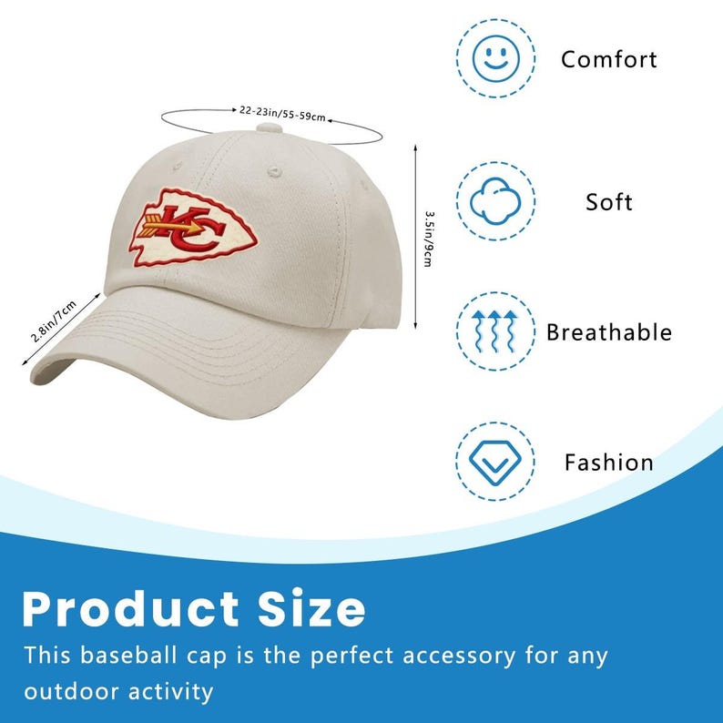 May include: A cream-colored baseball cap featuring an embroidered red and yellow arrowhead logo with the letters KC. The cap has a brim length of 2.8 inches, a crown height of 3.5 inches, and an adjustable head circumference of 22-23 inches.