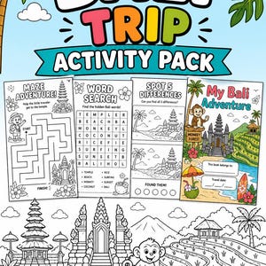 May include: A Bali Trip Activity Pack featuring a maze, word search, spot the difference, and colouring pages. The design includes palm trees, a monkey, a temple, and rice terraces with text reading Bali Trip Activity Pack and Ages 4-10.
