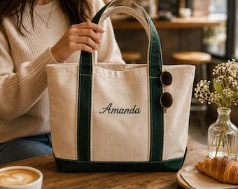 PERSONALISIERBARE gestickte Einkaufstasche, ANPASSBARE Canvas Boot Tote, benutzerdefinierte Name Geldbörse, minimalistisches Geschenk für sie, Geburtstag Reisetasche
