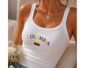Kolumbien besticktes Tanktop, kolumbianische Flagge, Rib Racer Cami, Vaterländisches ärmelloses Shirt, niedliches Sommerfestival Outfit und Geschenk für sie