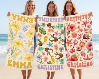 PERSONALISIERBARES Strandtuch, ANPASSbares tropisches Blumennamentuch, nettes Sommergeschenk für sie, Geburtstags-Strandferiengeschenk für Frauen