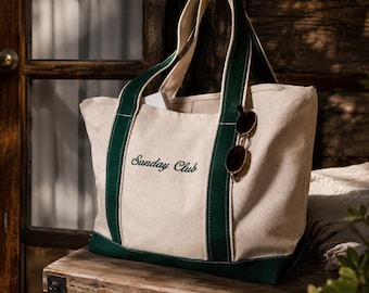 PERSONALISIERBARE bestickte Tragetasche, ANPASSBARE Canvas Boot Tote, Sonntagsclub Reisetasche, minimalistisches Geschenk für sie, Geburtstag Strandgeschenk