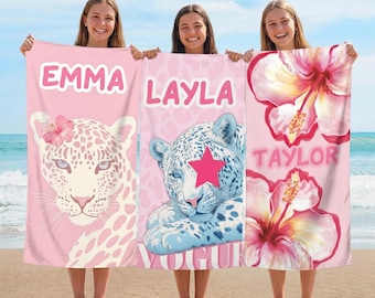 PERSONALISIERBARES Strandtuch, ANPASSBARE Blumennametuch, niedliches Leopard-Sommergeschenk für Kinder, Geburtstags-Strandferiengeschenk für sie