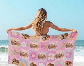 PERSONALISIERBARES Foto Strandtuch, ANPASSBARE Baby-Gesicht Haustier-Liebhaber-Blumentuch, niedliches Kinderlachen-Geschenk für Geburtstags-Sommer-Spaß