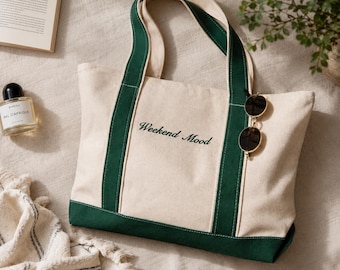 PERSONALISIERBARE bestickte Tragetasche, ANPASSBARE Canvas Boot Tote, Wochenend Reisetasche, minimalistisches Geschenk für sie, Geburtstag Strandgeschenk