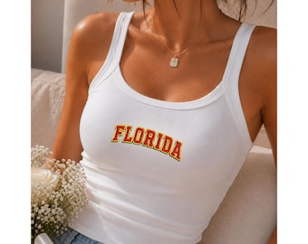 Florida bestickte Tank Top, Collegiate Rib Racer Cami, ärmelloses Vintage Sunshine State Shirt, Sommer Reise Outfit und Geschenk für Sie