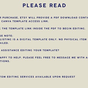May include: A cream-coloured digital template information sheet with navy blue text. The text provides instructions on accessing and editing the template, and a note about the digital nature of the product and assistance.