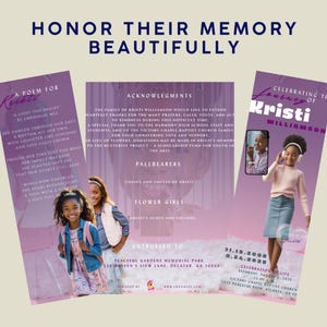 May include: A memorial announcement with the text "Honor Their Memory Beautifully." The design includes a photo of a young girl, details about her life, and a poem. The color scheme is predominantly purple and white.