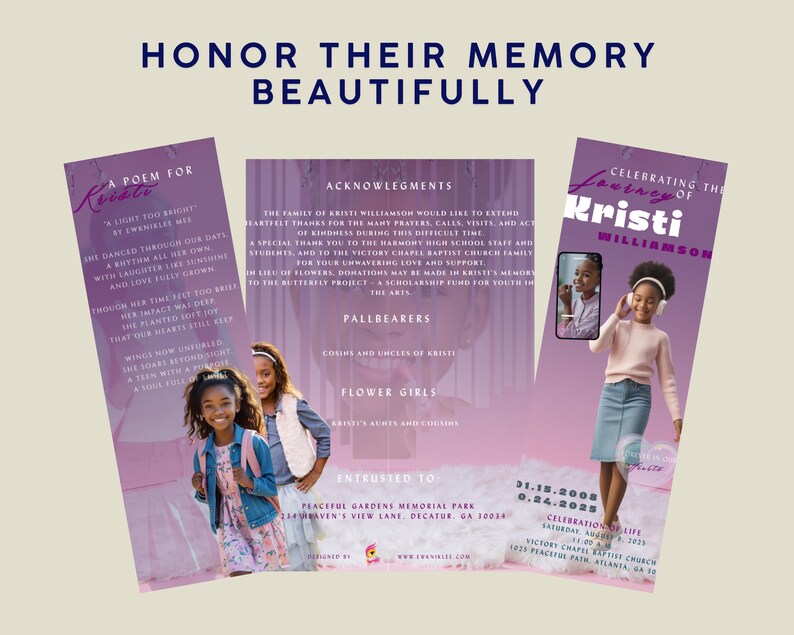 May include: A memorial announcement with the text "Honor Their Memory Beautifully." The design includes a photo of a young girl, details about her life, and a poem. The color scheme is predominantly purple and white.