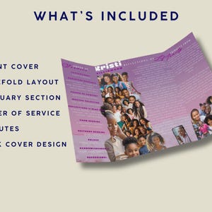 May include: A tri-fold brochure with a purple and pink gradient background. The brochure includes the text "WHAT'S INCLUDED" and lists "FRONT COVER", "GATEFOLD LAYOUT", "OBITUARY SECTION", "ORDER OF SERVICE", "TRIBUTES", and "BACK COVER DESIGN". The brochure features a collage of people.