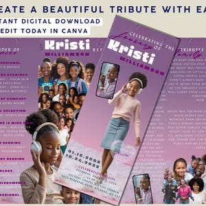 May include: Digital memorial template in purple and white. The design includes photos and text, with the words "Create a Beautiful Tribute With Ease." It's an instant digital download, editable in Canva, for creating a tribute.