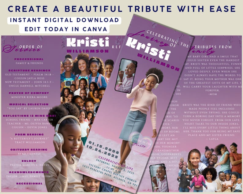 May include: Digital memorial template in purple and white. The design includes photos and text, with the words "Create a Beautiful Tribute With Ease." It's an instant digital download, editable in Canva, for creating a tribute.