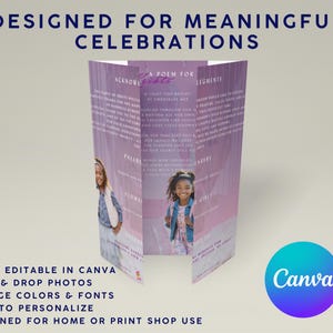 May include: A tri-fold brochure with a purple and white gradient background. The brochure features a poem and photos of two young girls. Text on the brochure includes "Designed for Meaningful Celebrations" and "Fully Editable in Canva."