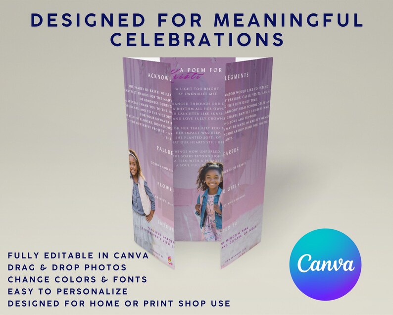 May include: A tri-fold brochure with a purple and white gradient background. The brochure features a poem and photos of two young girls. Text on the brochure includes "Designed for Meaningful Celebrations" and "Fully Editable in Canva."