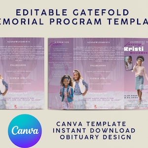 May include: A lavender gatefold memorial program template with the text "EDITABLE GATEFOLD MEMORIAL PROGRAM TEMPLATE". The design includes photos of a young girl and the Canva logo. Text includes "OBITUARY DESIGN".