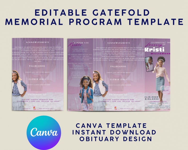 May include: A lavender gatefold memorial program template with the text "EDITABLE GATEFOLD MEMORIAL PROGRAM TEMPLATE". The design includes photos of a young girl and the Canva logo. Text includes "OBITUARY DESIGN".