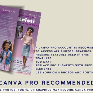 May include: A purple and white memorial card, featuring a poem and photos. The card is designed with the text "Celebrating the Journey of Kristi Williamson." The Canva Pro logo is also visible on the card.