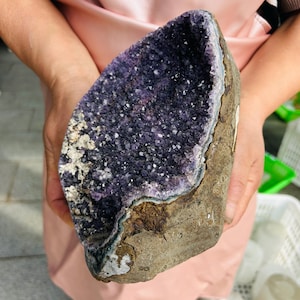 May include: A large amethyst geode with a deep purple crystal interior. The geode's outer shell is a rough, earthy brown color, with a lighter, almost white, edge. The crystal interior sparkles with numerous small, pointed crystals.