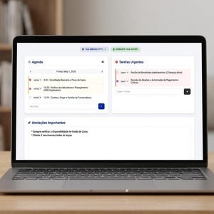 May include: A laptop displaying a digital agenda and task list on a wooden desk. The screen shows a calendar with appointments and urgent tasks. A small succulent in a white pot and a mouse are next to the laptop.