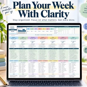 Puede incluir: Un planificador semanal digital en la pantalla de una computadora portátil con un diseño colorido y organizado que incluye secciones para tareas diarias, hábitos y horarios. La pantalla muestra el texto Plan Your Week With Clarity y otros.